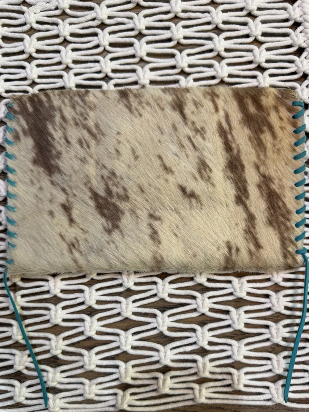 Brown & Cream Cowhide Buffalo Leather Foldover Clutch with Turquoise Lacing